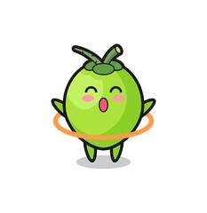 cute coconut cartoon is playing hula hoop