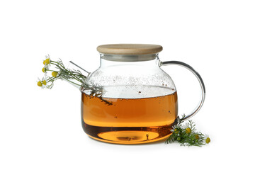 Teapot of chamomile tea isolated on white background