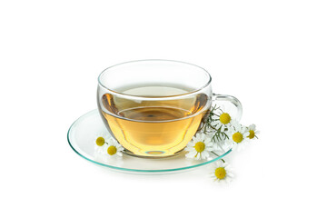 Cup of chamomile tea isolated on white background