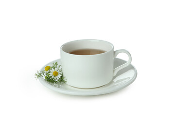 Cup of chamomile tea isolated on white background