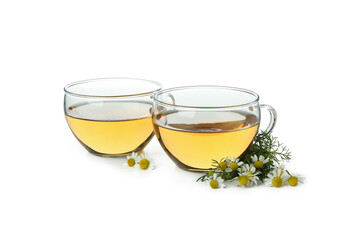 Cups of chamomile tea isolated on white background
