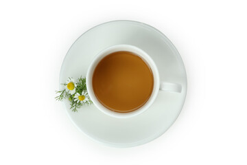 Cup of chamomile tea isolated on white background