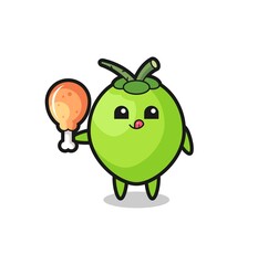 coconut cute mascot is eating a fried chicken