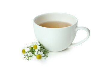 Cup of chamomile tea isolated on white background