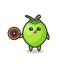 illustration of an coconut character eating a doughnut