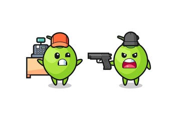illustration of the cute coconut as a cashier is pointed a gun by a robber