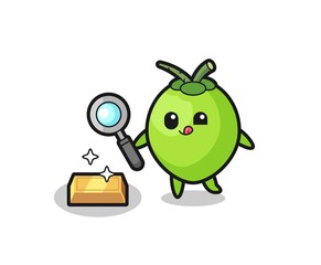 coconut character is checking the authenticity of the gold bullion