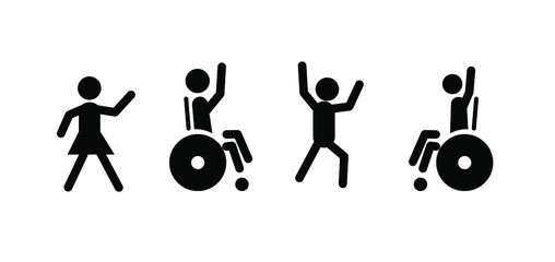 Social inclusion concept pictograms. Disabled people in wheelchairs and healthy girls and men have fun and dance together. Black and white vector illustration