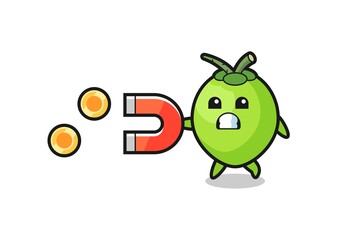 the character of coconut hold a magnet to catch the gold coins