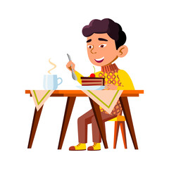 Fototapeta premium Boy Kid Eating Delicious Cake Breakfast Vector. Happy Chinese Infant Eat Sweet Cake Piece Dessert And Drinking Hot Tea. Character Child Enjoying Tasty Food And Drink Flat Cartoon Illustration