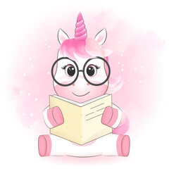 Cute little unicorn reading a book hand drawn illustration