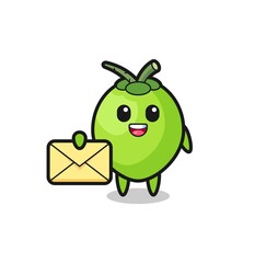 cartoon illustration of coconut holding a yellow letter