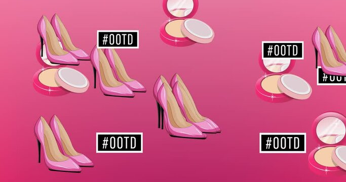 Animation of ootd text high heels and make up powder repeated on pink background
