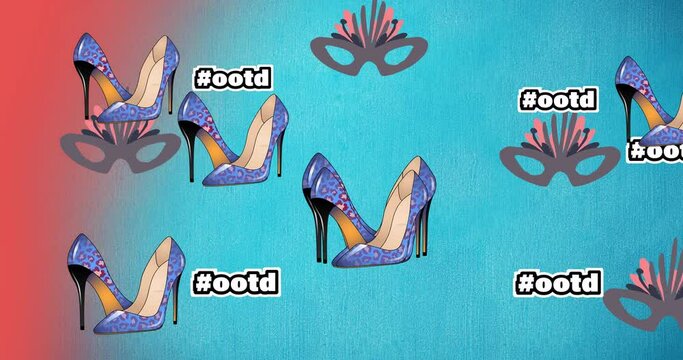 Animation of ootd text high heels and carnival mask repeated on blue background