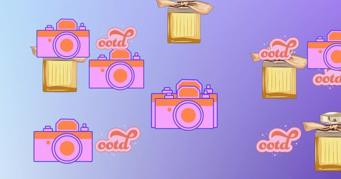 Animation of ootd text perfume and camera repeated on blue background