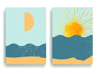 Minimal logo design .Sun, moon, waves , sand beach and cumulus clouds . Vector aesthetic background