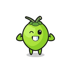 the muscular coconut character is posing showing his muscles