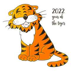 Symbol of 2022. Illustration with tiger in hand draw style. New Year 2022. Tiger sitting