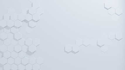 Random white hexagons geometric, honeycomb, on white background. Abstract background 3d render.