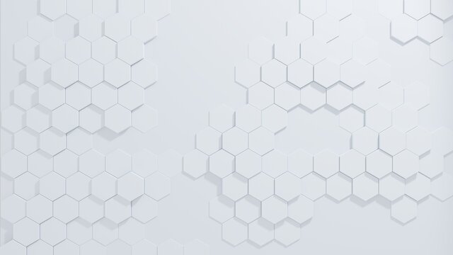 Random white hexagons geometric, honeycomb, on white background. Abstract background 3d render.