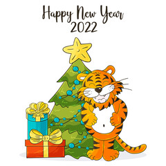 Symbol of 2022. Square New Year card in hand draw style. Christmas tree, gifts, tiger. Cartoon illustration