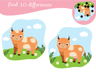 Find the differences educational children game. Kids activity with cartoon cow