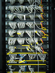 Telecommunication server room rack unit closeup