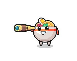 cute noodle bowl character is holding an old telescope