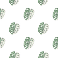 Fototapeta na wymiar Hawaii seamless pattern with monstera leaf simple style silhouettes. Isolated minimalistic exotic plants.