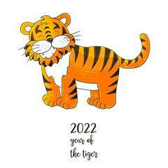 Symbol of 2022. Vector illustration with tiger in hand draw style. New Year 2022. The tiger is standing. Cartoon animal