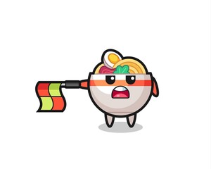 noodle bowl character as line judge hold the flag straight horizontally