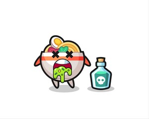 illustration of an noodle bowl character vomiting due to poisoning