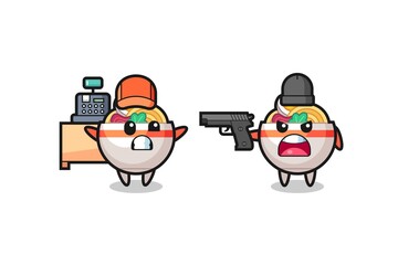 illustration of the cute noodle bowl as a cashier is pointed a gun by a robber