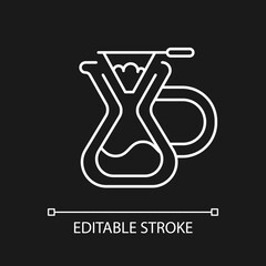 Pour over coffee maker white linear icon for dark theme. Professional equipment for espresso. Thin line customizable illustration. Isolated vector contour symbol for night mode. Editable stroke