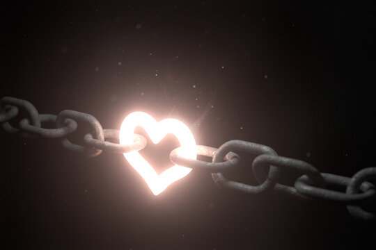Glowing heart linking two chains