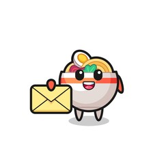 cartoon illustration of noodle bowl holding a yellow letter