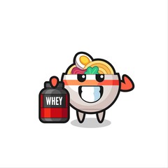 the muscular noodle bowl character is holding a protein supplement