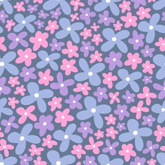 Pink meadow flowers, seamless vector pattern in pink and purple colors. For textile, backgrounds, packaging.