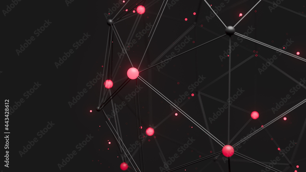 Poster low poly sphere structure with glowing vertices and bokeh effect. technology concept 3d render. clos
