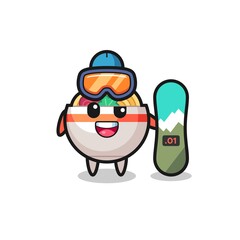 Illustration of noodle bowl character with snowboarding style