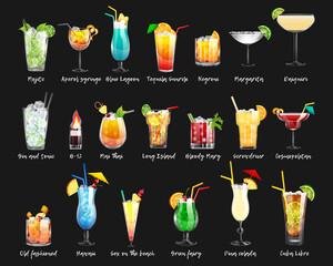 Set of alcoholic cocktails and non-alcoholic cocktails on a black background. Vector illustration