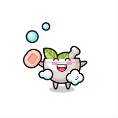 herbal bowl character is bathing while holding soap
