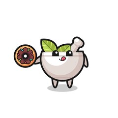 illustration of an herbal bowl character eating a doughnut