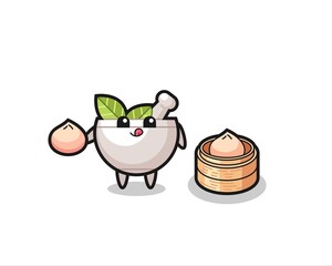 cute herbal bowl character eating steamed buns