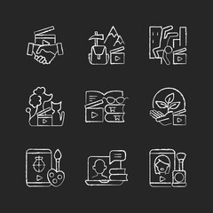Video content chalk white icons set on dark background. Business to business service. Entertainment content. Educational tutorials. Videography. Isolated vector chalkboard illustrations on black