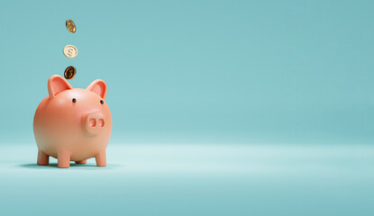 Pink piggy bank and US dollar coins falling on blue background for money saving and deposit concept...