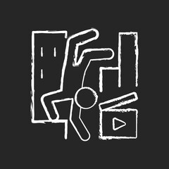 Parkour videos chalk white icon on dark background. Shooting footage for action motion picture. Filmmaking on extreme freerunning sport. Videography. Isolated vector chalkboard illustration on black