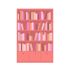Wooden cabinet with shelves and books. Home library. Vector isolated flat illustration