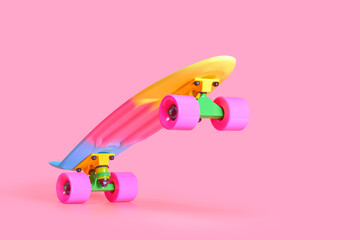 Pastel neon rainbow colored Penny board skateboard standing on two wheels isolated on solid soft pink background. Plastic mini cruiser Youth minimalistic Sport inspired summer fun concept. Copy space. - obrazy, fototapety, plakaty