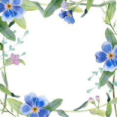 Watercolor botanical frame with blue flowers and herbs on white background. 